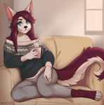 ambiguous_gender anthro beverage blue_eyes clothed clothing coffee hair leggings legwear red_hair solo sweater topwear white_body g0revid shade_anris wingless_bat hi_res