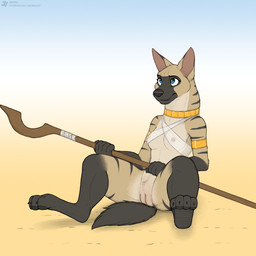 4_toes 5_fingers anthro arm_markings armband bandeau barefoot black_body black_claws black_ear_tips black_eyebrows black_fur black_markings black_nose black_pawpads black_stripes black_tail blue_eyes bottomless bottomless_anthro bottomless_female breasts brown_inner_ear casual_exposure choker claws clothed clothed_anthro clothed_female clothing countershade_fur countershade_neck countershade_torso countershading desert digitigrade dipstick_ears ear_markings eyebrows eyelashes feet female female_anthro fingers front_view fur genitals gold_(metal) gold_armband gold_choker gold_jewelry gold_necklace gradient_background grey_body grey_countershading grey_fur hindpaw holding_object holding_staff humanoid_genitalia humanoid_hands humanoid_vulva ineffective_clothing jewelry markings mouth_closed multicolored_body multicolored_ears multicolored_fur neck_markings necklace nipples pawpads paws pupils shoulder_markings simple_background sitting small_breasts solo staff striped_arms striped_body striped_fur striped_legs striped_markings striped_neck striped_shoulders stripes tail tan_body tan_fur toe_claws toes topwear translucent translucent_bandeau translucent_clothing translucent_topwear vulva jishinu aardwolf hyena mammal 1:1 2025 english_description full-length_portrait hi_res portrait