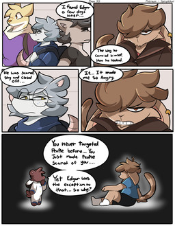 angry anthro blue_clothing blue_shirt blue_topwear brown_body brown_fur clothing coat dialogue duo ear_piercing eyewear fur glasses grey_body grey_fur jacket male piercing plushie shirt sitting spacesuit tail text topwear young spicykiwi alex_(spicykiwi) edgar_(spicykiwi) american_opossum animate_inanimate bear domestic_cat felid feline felis hybrid lagomorph leporid living_plushie mammal marsupial rabbit virginia_opossum absurd_res comic english_text hi_res story