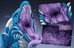 blue_body blue_scales bodily_fluids cutaway feral front_view glistening glistening_eyes grey_body grey_scales horn internal mouth_shot narrowed_eyes open_mouth orange_eyes pupils purple_tongue saliva saliva_on_tongue saliva_string scales sharp_teeth simple_background slit_pupils solo teeth text tongue tongue_out white_horn santanahoffman mythology dragon mythological_creature mythological_scalie scalie artist_name