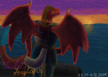 anthro brown_hair clothed clothed_anthro clothing gold_(metal) gold_jewelry gold_necklace hair jewelry male necklace red_body ring sea solo spiked_wings spikes stick sun sunrise tattoo water wings violet_foxytosin mythology aeternus_(hasherino) dragon mythological_creature mythological_scalie scalie 2025 dated digital_media_(artwork) hi_res krita_(artwork) signature