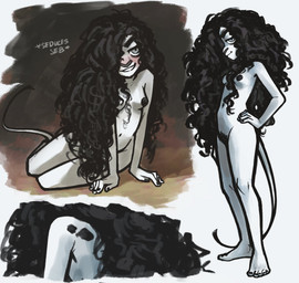 anthro arm_markings black_hair blush breasts curly_hair female grey_eyes hair long_hair long_tail lying markings nude on_ground pubes shoulder_markings small_breasts solo standing tail text thin_tail white_body white_skin young marcie_montis mirah_(marcie_montis) ambiguous_species canid canine humanoid mammal hi_res