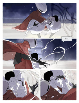 anthro biped black_body black_eyes carrying_another cloak clothing detailed_background dialogue duo dying empty_eyes eyes_closed female female_anthro female_humanoid gash holding_another hornet's_needle mouthless partially_submerged red_cloak red_clothing silk spa speech_bubble text unconscious water white_body wounded darkdog hollow_knight:_silksong hollow_knight_(franchise) team_cherry hornet_(hollow_knight) lace_(hollow_knight:_silksong) arthropod humanoid 2025 absurd_res comic digital_drawing_(artwork) digital_media_(artwork) english_text hi_res