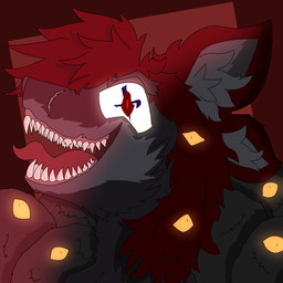 anthro ears_back ears_down fur glowing glowing_eyes grey_body grey_fur hair hell male pivoted_ears red_eyes red_hair scar smile solo teeth tongue yellow_eyes mar10-k4rt mythology canid canid_demon canine demon hellhound hybrid mammal mythological_canine mythological_creature 1:1 absurd_res hi_res