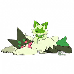 ambiguous_gender black_body claws ear_twitch finger_claws green_body kneading massage red_eyes simple_background tail tail_motion white_background tontaro nintendo pokemon generation_9_pokemon meowscarada pokemon_(species) sprigatito 1:1 animated animated_gif short_playtime