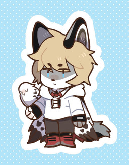 anthro black_nose bottomwear chibi clothed clothing countershading duo eyes_closed feral footwear front_view fur grey_body grey_bottomwear grey_clothing grey_fur grey_pants hair hoodie male mouth_closed pants pattern_background red_clothing red_footwear red_shoes shoes simple_background simple_eyes standing tan_hair topwear unsigned white_body white_clothing white_fur white_hoodie white_topwear asnnonaka arknights hypergryph studio_montagne silverash_(arknights) avian species_request full-length_portrait portrait