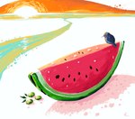 ambiguous_gender beak detailed_food feral food fruit melon olive_(fruit) plant river scenery_porn sea solo sun tropical water watermelon watermelon_slice keke_(artist) avian bird animated detailed hi_res short_playtime subtle_animation