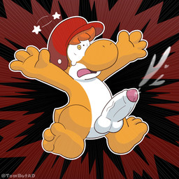 3_toes 4_fingers anthro armor balls bodily_fluids cum ejaculation feet fingers foreskin game_over gameplay_mechanics genital_fluids genitals hair headgear helmet humanoid_genitalia humanoid_penis male multicolored_body non-mammal_balls open_mouth orange_body orange_hair penis pink_tongue shocked solo star tail toes tongue vein veiny_penis white_balls white_penis tombutad mario_bros mythology nintendo platformer_death_pose fan_character dinosaur dragon mythological_creature mythological_scalie orange_yoshi prehistoric_species reptile scalie yoshi 1:1 absurd_res hi_res shaded