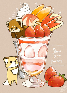 biped brown_body brown_fur chibi dot_eyes duo feral food fruit fur kemono micro parfait_(dessert) plant simple_eyes strawberry text shi_nominmin ailurid canid canine fox mammal red_panda 2021 hi_res