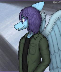 anthro black_clothing black_shirt black_topwear blue_body clothed clothing green_clothing green_jacket green_topwear grin hair jacket long_hair looking_at_viewer male purple_eyes purple_hair shirt simple_background smile solo standing topwear wings ekspie-a01 john_(ekspie-a01) prehistoric_species pterosaur reptile scalie digital_drawing_(artwork) digital_media_(artwork) hi_res watermark