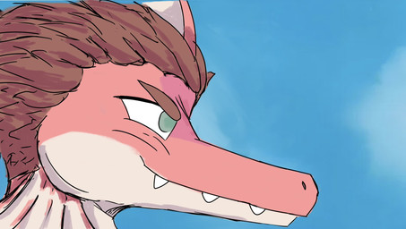 anthro biped blue_background brown_hair close-up cloud day fin frill_(anatomy) green_eyes hair male narrowed_eyebrows outside pink_body short_hair side_view simple_background sky smile smirk snaggle_teeth solo tan_body caldinie1 cavemanon_studios dragon_ball i_wani_hug_that_gator damien_payne gohan dilophosaurid dilophosaurus dinosaur hybrid prehistoric_species reptile saurischian scalie spinosaurid spinosaurus theropod 2024 headshot_portrait hi_res portrait