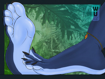 5_toes ambiguous_gender anthro barefoot blue_body blue_fur border claws countershade_feet countershading feet feet_together foot_against_foot foot_focus foot_shot forest fur halftone_background humanoid_feet jewelry jungle nails pattern_background plant plantigrade simple_background sole_to_sole soles solo toenails toes tree wu_capy nintendo star_fox krystal_(star_fox) canid canine fox mammal 4:3 halftone hi_res