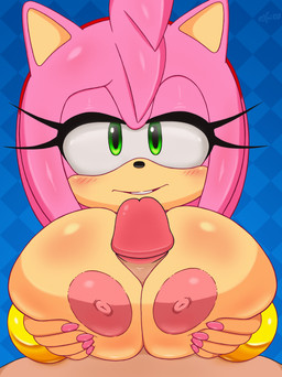 anthro big_breasts blue_background blush breast_play breasts checkered checkered_background colored_nails duo female first_person_view genitals green_eyes hair human_on_anthro humanoid_genitalia humanoid_penis interspecies looking_at_viewer male male/female male_pov nails nipples pattern_background penis pink_hair sex simple_background solo_focus tan_body titfuck excito sega sonic_the_hedgehog_(series) amy_rose eulipotyphlan hedgehog human mammal absurd_res hi_res