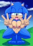 2019 3_toes anthro breasts cloud crossgender crouching eulipotyphlan eyelashes feet female genitals gesture grass green_eyes half-closed_eyes hand_gesture heart_eyes heart_symbol hedgehog looking_at_viewer mammal mtf_crossgender narrowed_eyes navel nipples nude open_mouth outside paws plant pussy sega solo sonic_the_hedgehog sonic_the_hedgehog_(series) thanu toes tongue tongue_out v_sign