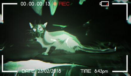 ambiguous_gender camera_view feral gas_mask leaf mask night night_vision obscured_eyes outside side_view solo unsigned wearing_mask whiskers justkiddinb full-length_portrait hi_res portrait restricted_palette