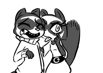 anthro belt bleh clothed clothing dress duo eyelid_pull eyelid_pull_taunt fangs female gesture laugh making_faces male sweater taunting teasing teeth tongue tongue_out topwear turtleneck inkyfrog caitlin_vison percy_vison european_polecat mammal mustelid musteline true_musteline weasel black_and_white monochrome brother_(lore) brother_and_sister_(lore) sibling_(lore) sister_(lore)