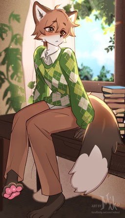 4_toes 5_fingers anthro blush blush_lines book bottomwear brown_body brown_bottomwear brown_clothing brown_eyes brown_fur brown_nose brown_pants cheek_tuft clothed clothed_anthro clothed_male clothing collared_shirt cowlick desk detailed_background dipstick_tail dress_shirt facial_tuft feet femboy fingers fluffy fluffy_tail fur furniture green_clothing green_sweater green_topwear hair inside logo male markings pants pattern_clothing pattern_sweater pattern_topwear pawpads paws pink_pawpads plant shirt sitting sitting_on_desk sky solo sweater table tail tail_markings tan_body tan_fur tan_hair text toes topwear tree tuft white_body white_dress_shirt white_fur window window_curtains mikosi canid canine fox mammal 2026 artist_logo artist_name hi_res url