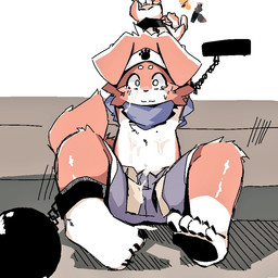 5_fingers 5_toes anthro ball_and_chain bdsm blue_bottomwear blue_clothing blue_pants bodily_fluids bottomwear chain clothed clothing cum cum_on_body cum_on_face feet fingers front_view fur genital_fluids inside male multicolored_body multicolored_fur neck_restraint orange_body orange_fur orange_legs pants restrained_arms restrained_legs sitting solo tail toes topless two_tone_body two_tone_fur white_body white_feet white_fur ranshinumeda334 canid canine canis domestic_dog mammal 2024