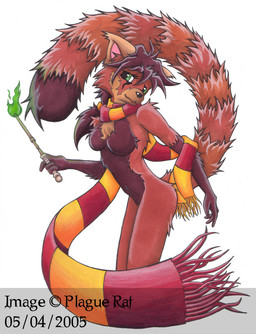 anthro bangs biped brown_body brown_countershading brown_fur brown_hair chest_tuft clothing countershading female fur gloves_(marking) green_eyes hair magic markings nude pattern_clothing pattern_scarf reverse_countershading ring_(marking) ringed_tail scarf side_view simple_background solo standing striped_clothing striped_markings striped_scarf striped_tail stripes tail tail_markings tuft wand white_background plaguerat ailurid mammal red_panda 2005