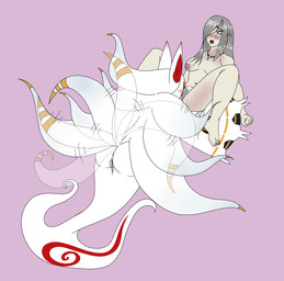 9_tails anthro big_breasts blush bodily_fluids body_blush breasts cunnilingus deneb_(bravely_default_series) duo ear_blush facial_markings female female/female fur fur_markings genital_fluids genitals grey_eyes grey_hair hair head_markings jewelry leaning leaning_backward legless long_sleeves markings multi_tail necklace nipples oral pubes sex tail tail_motion tailwag vaginal vulva vulva_blush white_body white_fur eeveeextreme asian_mythology bravely_second east_asian_mythology japanese_mythology mythology yoko_(bravely_second) animal_humanoid canid canid_humanoid canine canine_humanoid fox fox_humanoid fox_spirit human humanoid mammal mammal_humanoid yokai hi_res