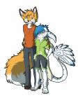 anthro barefoot black_nose blue_hair clothed clothing digitigrade duo feathers feet female fur green_eyes hair jewelry male necklace orange_body orange_fur simple_background standing tail white_background yellow_eyes rikitoka mythology canid canine dragon feathered_dragon feathered_scalie fox mammal mythological_creature mythological_scalie scalie hi_res