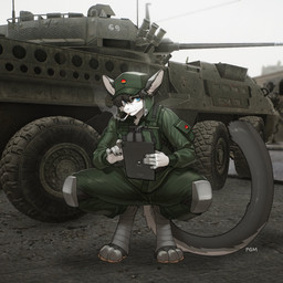 3_toes anthro barefoot biped bottomwear cigarette claws clothed clothed_anthro clothed_male clothing crouching digitigrade feet fingers front_view fully_clothed fully_clothed_anthro fully_clothed_male fur hair holding_object knee_pads leg_wraps looking_at_viewer male military_uniform outside smoking smoking_cigarette solo tail tank_(vehicle) toes topwear uniform vehicle wraps pgm300 mammal unknown_species 2026 digital_drawing_(artwork) digital_media_(artwork) hi_res