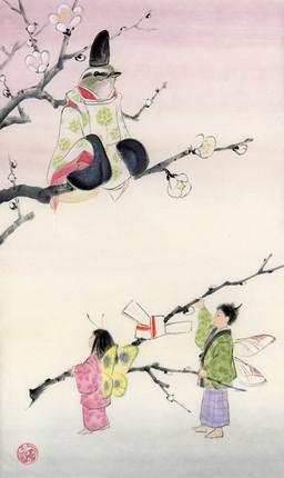 ambiguous_anthro ambiguous_gender antennae_(anatomy) anthro asian_clothing back_wings barefoot beak biped branch clothed clothed_anthro clothed_humanoid clothing east_asian_clothing eboshi feet female flower group hair headgear headwear insect_wings japanese_clothing kariginu kimono lepidopteran_wings male on_branch pattern_clothing plant print_clothing semi-anthro simple_background sitting spring_(season) standing tree trio wings young young_humanoid yurio_(artist) animal_humanoid arthropod arthropod_humanoid avian bird butterfly_humanoid cettiid_warbler humanoid insect insect_humanoid lepidopteran lepidopteran_humanoid oscine passerine warbler 2025 hi_res japanese_description painting_(artwork) traditional_media_(artwork) traditional_painting_(artwork) traditional_watercolor_(artwork) watercolor_(artwork)