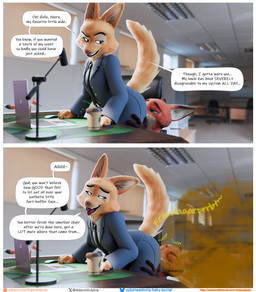 anthro barbell_piercing butt clothing eyebrow_barbell eyebrow_piercing facial_piercing fart fart_cloud fart_fetish fart_sniffing farting_on_another farting_on_face female greeting male male/female piercing pressure_orgasm relieved size_difference sniffing suit tail text vulpineadonis disney dreamworks the_bad_guys zootopia diane_foxington nick_wilde canid canine fox mammal comic english_text hi_res url