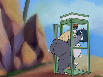 anthro belly big_belly big_butt bottomless bottomless_male butt butt_jiggle claws clothed clothing electronics fur grey_body grey_fur hat headgear headwear holding_object holding_phone huge_butt jiggling male motion_lines nervous overweight overweight_anthro overweight_male phone phone_booth rotary_phone shirt solo stuck stuck_in_door thick_thighs toe_claws topwear basicbiscuit the_jungle_book baloo bear mammal hi_res