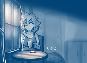 anthro bare_shoulders chair clothed clothing container cup female fur furniture hair holding_container holding_cup holding_object inside looking_aside markings on_chair raining sitting smile smiley_face solo spots spotted_body spotted_fur table window conditional_dnp tom_fischbach twokinds kathrin_vaughan canid canine felid hybrid keidran mammal pantherine 2022 adobe_photoshop_(artwork) digital_media_(artwork) hi_res monochrome sketch