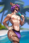 anthro antlers big_bulge brown_body brown_fur bulge clothed clothing ear_piercing femboy food front_view fur hair hand_on_hip horn industrial_piercing jockstrap jockstrap_only leg_tattoo licking_popsicle long_tongue male muscular muscular_anthro muscular_femboy nipples outside piercing popsicle purple_hair shirtless solo standing tattoo tongue topless twunk underwear underwear_only water wet poofroom deer mammal 2024 hi_res