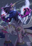 anthro black_body black_sclera blonde_hair cape claws clothing duo evolutionary_family hair horn male sky star starry_sky white_body yellow_eyes vfcou bandai_namco digimon digimon_ghost_game digimon_(species) gulusgammamon humanoid siriusmon hi_res