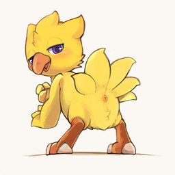 ambiguous_gender animal_genitalia anus anus_only avian_butt beak blush chibi cloaca feet feral genitals kemono looking_at_viewer open_mouth purple_eyes rear_view simple_background solo talons toes white_background winged_arms wings young young_ambiguous young_feral yupa final_fantasy square_enix avian bird chocobo 1:1