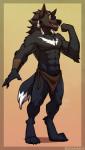 anthro black_body black_fur bottomwear clothed clothing feathers flexing fur loincloth looking_at_viewer male muscular muscular_anthro muscular_male open_mouth pecs simple_background smile solo topless tribal white_body white_fur sorakirbys silver_fang canid canine canis mammal wolf 2018 digital_media_(artwork) hi_res