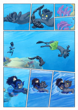 ambiguous_gender anthro biped black_body black_fur black_hair black_tail clothed clothing dark_body dark_skin day ear_fins feral fin fur hair plant sea split_form swimming tail underwater water wave bjekkergauken mythology imbali_(bjekkergauken) aquatic fish merfolk unknown_species 2026 colored comic hi_res