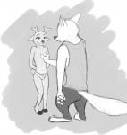 ambiguous_gender anthro barefoot bottomwear bulge clothed clothing crossdressing crossgender duo feet fur hands_behind_back hooves looking_at_another male pants shirt standing tank_top topless topwear underwear white_body white_fur numbro disney pack_street zootopia al_(weaver) velvet_roe_(weaver) canid canine canis deer mammal wolf monochrome sketch