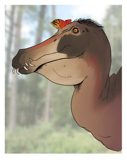 ambiguous_gender blurred_background border brown_body feral glistening glistening_eyes horizontal_pupils mouth_closed pupils red_body sharp_teeth side_view solo tan_body teeth unsigned white_border swampjaws dinosaur prehistoric_species reptile saurischian scalie spinosaurid spinosaurus theropod hi_res