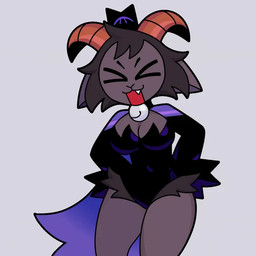 bell black_hair breasts cape choker choker_bell cleavage cloak clothed clothing crown dancing ears_down eyes_closed female grey_body hair headgear horn jewelry leotard necklace open_mouth pivoted_ears sharp_teeth teeth krinjuicy cult_of_the_lamb massive_monster_(studio) goat_(cult_of_the_lamb) bovid caprine goat mammal 1:1 animated colored tagme