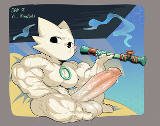 3_toes abs abstract_background anthro balls biceps big_balls big_eyes big_muscles big_pecs big_penis black_eyes black_nose blush bodily_fluids body_blush border butt cheek_tuft claws count day_count deltoids detailed_penis erection facial_tuft featureless_chest feet fingers forearm_muscles foreshortening foreskin fur genital_fluids genitals glans grey_border head_tuft hexagon_background holding_object huge_balls huge_muscles huge_penis humanoid_genitalia humanoid_penis hyper hyper_genitalia hyper_muscles hyper_penis kiseru light looking_aside looking_aside_at_viewer male mouthless multicolored_penis muscular muscular_arms muscular_legs muscular_male neutral_expression no_irises nude number partially_retracted_foreskin pecs penis penis_blush pink_glans plantar_flexion pointy_ears precum precum_bubble pronounced_browridge pubes quads ring shadow short short_male sitting sitting_on_ground small_but_hung small_nose smoke smoking smoking_pipe solo spread_legs spreading text thick_penis thick_thighs three-quarter_view toes triceps tuft two_tone_penis vein veiny_penis white_balls white_body white_fur white_penis white_pubes white_sclera crimsonrabbit nine_sols red_candle_games yi_(nine_sols) felid feline mammal solarian 2024 character_name digital_media_(artwork) full-length_portrait hi_res lighting line_art portrait shaded shaded_line_art