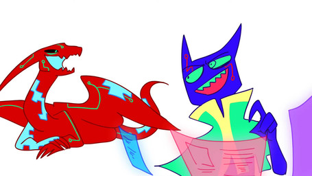 4_fingers anthro biped blue_body blue_fur clothed clothing computer duo electronics eyebrows feral fingers fur green_eyes gun holding_gun holding_object holding_ranged_weapon holding_weapon hologram humor membrane_(anatomy) membranous_wings open_mouth profanity quadruped ranged_weapon red_body simple_background sitting size_difference smile tail text topwear weapon white_background wings brightgoat mythology dragon felid feline mammal mythological_creature mythological_scalie scalie 16:9 2020 animated english_text hi_res long_playtime sound video voice_acted widescreen