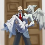 amber_eyes anthro bald bone_frill breasts carrying_another carrying_partner clothing detailed_background dress duo feathered_wings feathers female footwear frill_(anatomy) gloves grey_body grey_scales hair handwear high_heels light-skinned_male light_body light_skin long_hair male male/female necktie scales shoes short_tail silver_hair smile snout stubble tail teeth wedding wedding_dress white_clothing white_gloves white_handwear wings chervyarts cavemanon_studios goodbye_volcano_high snoot_game anon_(snoot_game) fang_(gvh) dinosaur human mammal prehistoric_species pterodactylus pterosaur reptile scalie 1:1 2024 digital_drawing_(artwork) digital_media_(artwork) hi_res