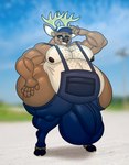 anthro antlers belly belly_hair big_belly big_bulge body_hair brown_nose bulge chest_hair eyelashes facial_markings fingers front_view head_markings hooves horn huge_belly huge_bulge huge_hips huge_thighs hyper hyper_hips hyper_thighs male markings muscular muscular_male overalls_only slightly_chubby snout solo thick_thighs wide_hips derius deer mammal hi_res