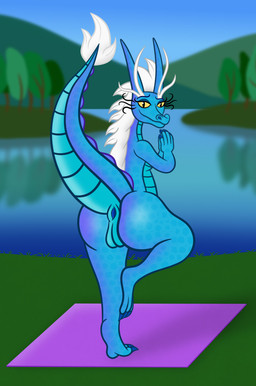 anthro anthrofied anus big_butt blue_body blurred_background butt detailed_background female fur genitals hair lake looking_at_viewer looking_back mane on_one_leg plant raised_tail smile solo standing tail tail_anus tree tree_pose vulva white_hair white_mane yoga yoga_mat sharkinwaves mythology the_tiger's_apprentice mistral_(the_tiger's_apprentice) dragon eastern_dragon furred_dragon furred_scalie mythological_creature mythological_scalie scalie hi_res
