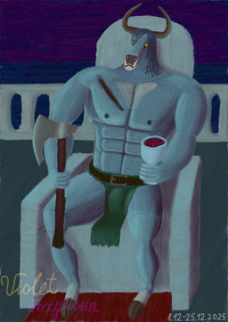 abs alcohol anthro belt beverage big_muscles big_pecs blue_body bottomwear bulge carpet chair clothed clothing container cup dark_hair furniture goblet hooves horn huge_pecs loincloth loincloth_only male muscular muscular_male night pecs scar sea simple_background sky solo throne topless water wine yellow_eyes violet_foxytosin cypress_(taran_fiddler) bovid bovine cattle mammal 2025 dated digital_media_(artwork) hi_res krita_(artwork) signature