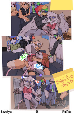 ageplay anthro baby_bottle beverage black_clothing black_jacket black_topwear black_vest bottle clothed clothing container costume diaper female force_feeding forced fraternity fur furniture fursuit green_clothing green_shirt green_topwear hair infantilism jacket male mascot multicolored_body multicolored_fur multicolored_hair orange_body orange_fur rainbow_hair roleplay shirt soda sofa suit tail text topwear vest wearing_diaper white_body white_fur bewskyss avian bird canid canine felid feline mammal bow_(disambiguation) absurd_res comic english_text hi_res