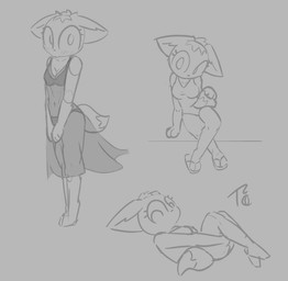anthro bikini blush breasts chibi clothing clothing_pull crossed_legs dipstick_tail dress eyelashes female footwear head_tuft holding_tail looking_at_viewer lying markings multiple_poses on_back one-piece_swimsuit panties pose sandals shoes sitting solo standing_on_toes swimwear tail tail_markings translucent translucent_clothing translucent_dress tucked_legs tuft two-piece_swimsuit underwear shatterstone turb_(turbineclaw) canid canine fox mammal sketch
