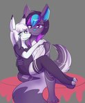 anthro black_hair clothing cuddling duo ear_piercing female footwear hair highlights_(coloring) legwear looking_at_viewer male male/female piercing smile smiling_at_viewer socks thigh_highs thigh_socks kitsunekotaro sonja_wusky canid canine canis hybrid mammal wolf wolfdog