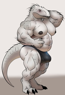anthro big_muscles big_pecs big_penis bulge claws genitals huge_muscles huge_pecs huge_penis male musclegut muscular muscular_male nipples pecs penis solo spikes tall aileron_(artist) dinosaur prehistoric_species reptile scalie hi_res