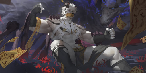 abs ambiguous_form ambiguous_gender anthro black_clothing black_gloves black_handwear black_horn black_legwear black_markings blue_eyes clothing fur gloves group hair handwear horn legwear male male_anthro markings narrowed_eyes pecs red_eyes short_hair solo_focus white_body white_fur white_hair awaldkize mythology canid canine dragon mammal mythological_creature mythological_scalie scalie 2024 absurd_res dated hi_res signature