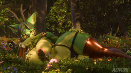 anthro antlers areola big_breasts biped blush breasts chest_tuft clothed clothing female female_anthro forest forest_background fur genitals green_body hair horn huge_breasts looking_at_viewer narrowed_eyes nature nature_background outside plant smile smiling_at_viewer smirk smirking_at_viewer solo thick_thighs tree tuft vulva wide_hips yellow_eyes altfurr dogzeela_(modeler) flapcats_(modeler) valorlynz_(modeler) natsu_(natsu_o3o) deer humanoid mammal 16:9 3d_(artwork) 4k absurd_res digital_media_(artwork) hi_res widescreen